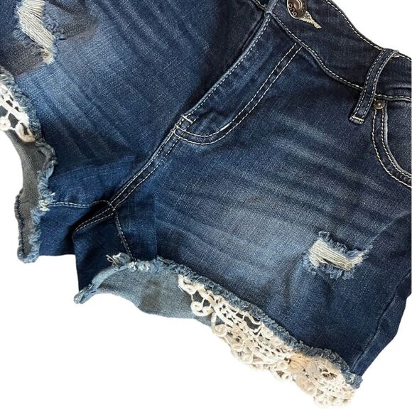 Dark Denim Distressed Crochet Bottom Denim Jean Short 12 - Picture 3 of 9